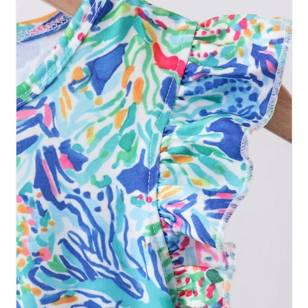 Tropical Floral Ruffle-Sleeve Baby Bubble Romper - Blue/Multicolor Girls 12M NWT